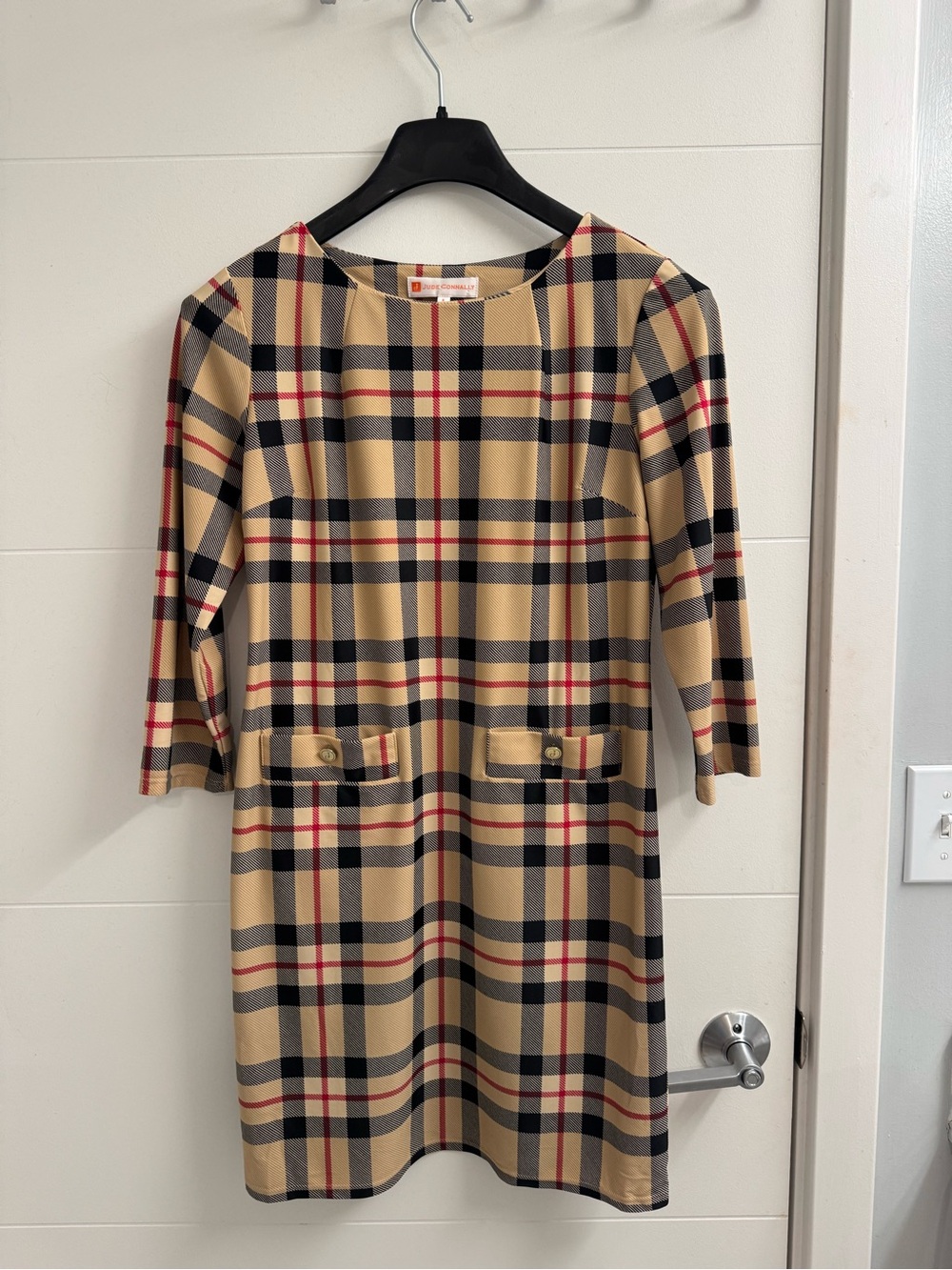 Jude Connally Beige Plaid Dress with Pocket Accents